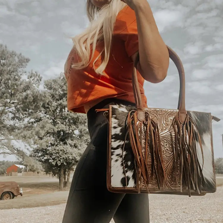 Jesse Cowhide and Tooled Leather Fringe Tote Computer Bag