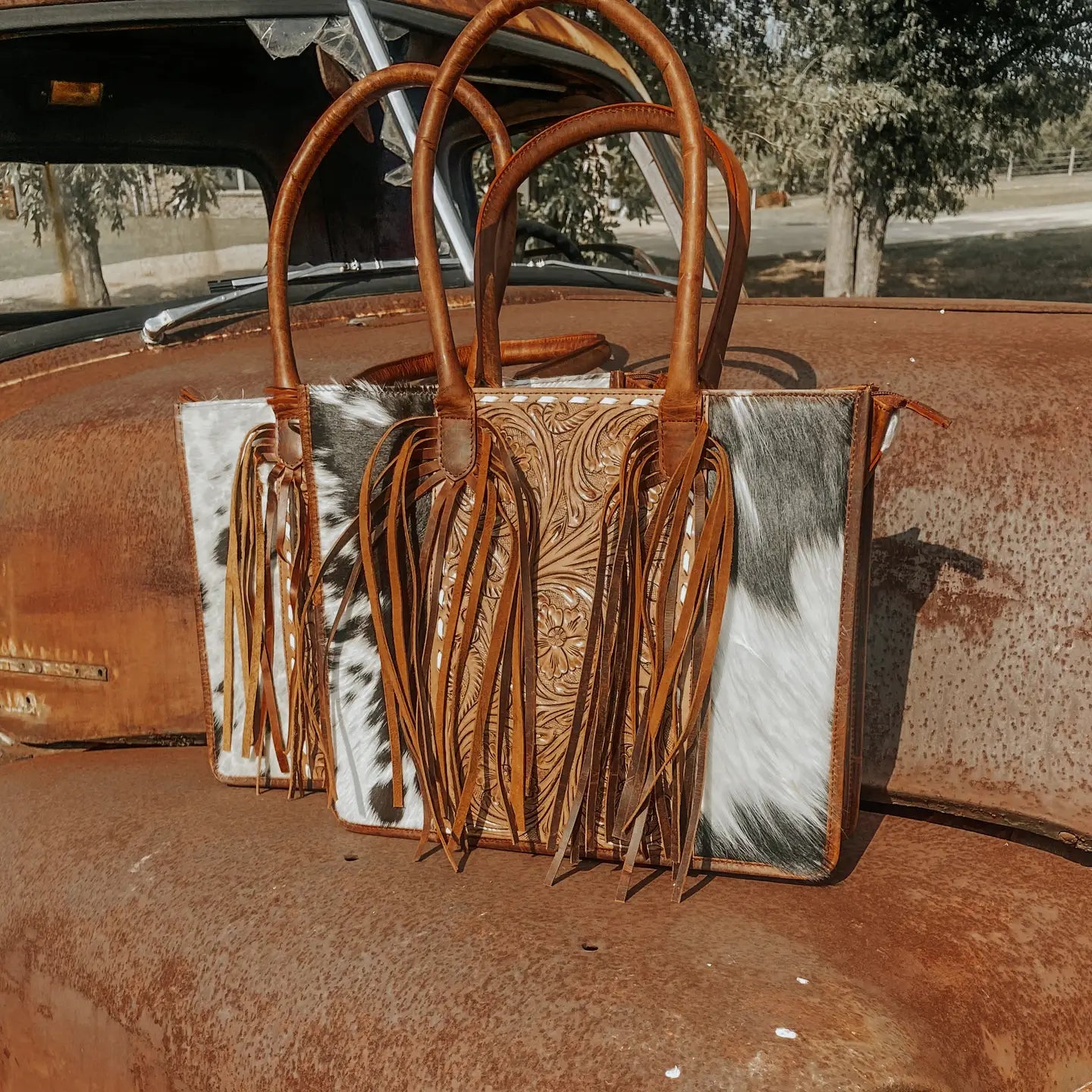 Jesse Cowhide and Tooled Leather Fringe Tote Computer Bag