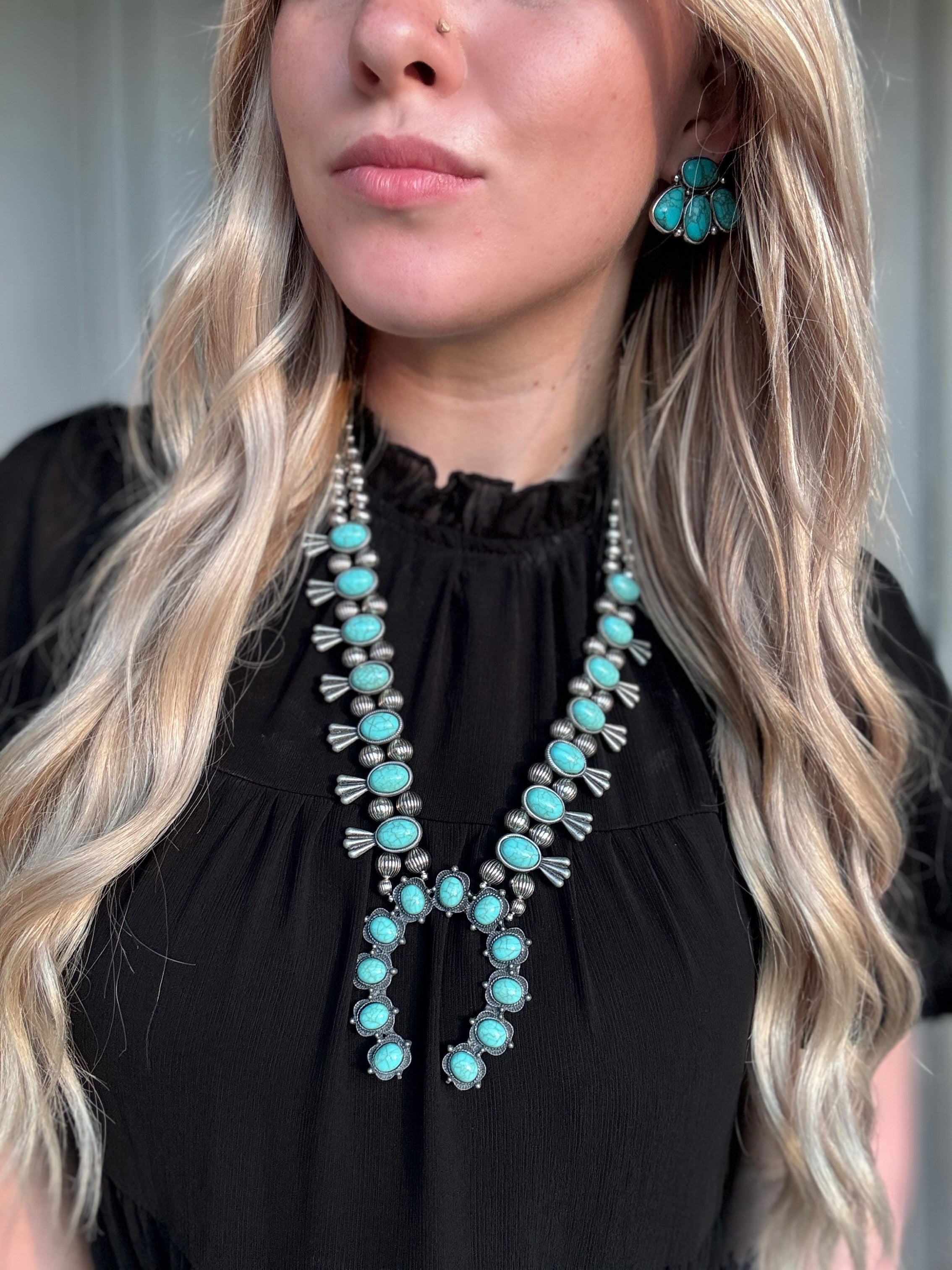 Turquoise Stone Squash Blossom Necklace
